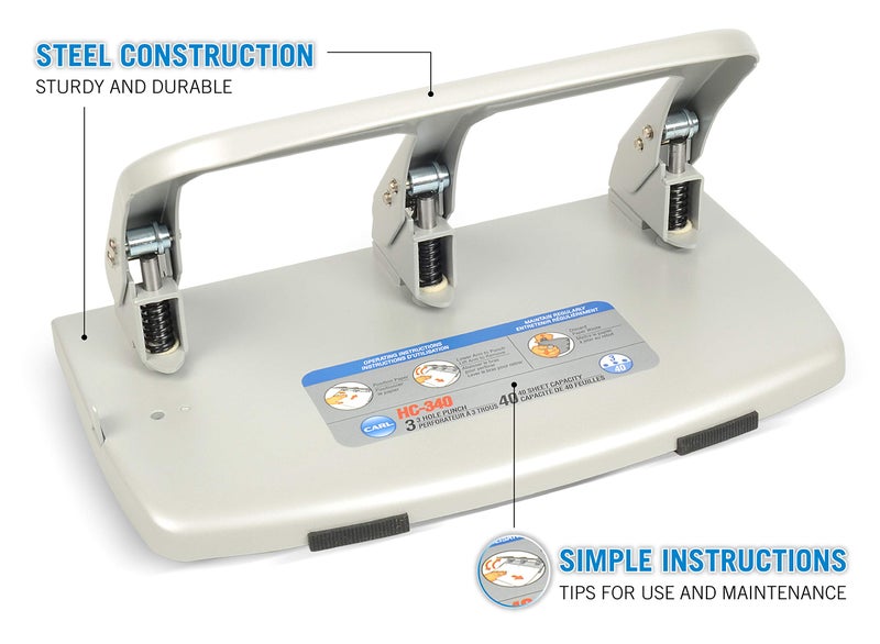 Carl, Medium-Duty 3 Hole Paper Punch, 40 Sheet Punch Capacity, Metallic, Model:HC-340 - Image 2